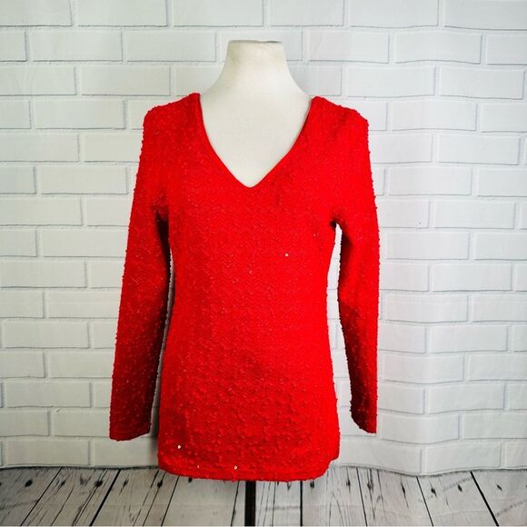 Jennifer Lopez Red Sequin V-Neck Keyhole Sweater - Size Large - Picture 2 of 10